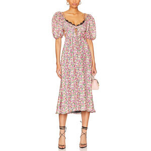 For Love & Lemons 'Isadora' Pink Viscose Midi Dress Size XS